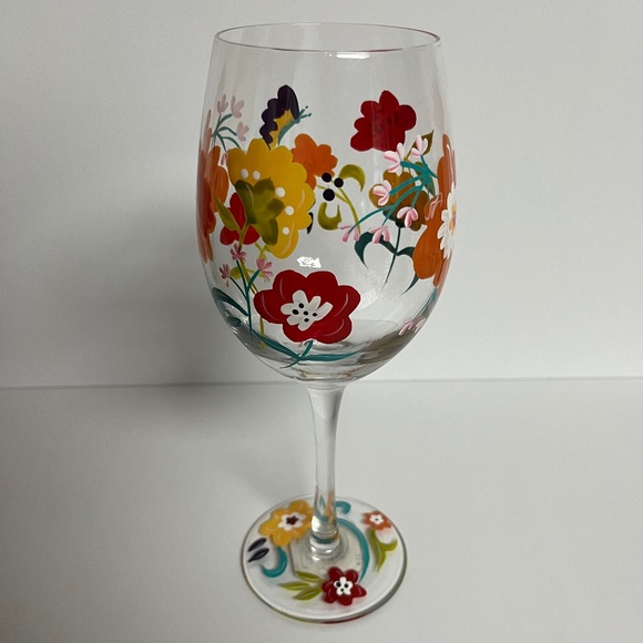 Pier 1 Imports Spring Floral Hand Painted Wine Glass Water Goblet Mouth Blown - Picture 3 of 12